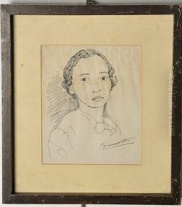 Retrato De Mujer. Tinta Sobre Papel. Firmado. Enmarcado