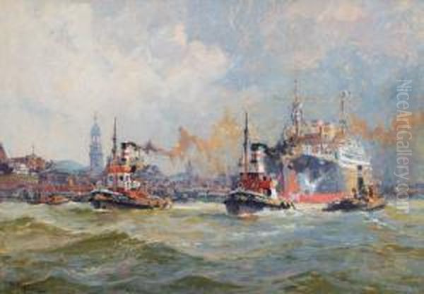 Hamburger Hafen Mit Den Schleppern Millerntor Und Moorweide Oil Painting by Adolf Muhlhan