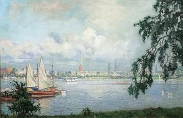 Hamburg: The Alster Oil Painting by Adolf Muhlhan