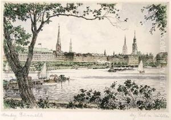 Binnenalster In Hamburg Mit Blick Auf Die Altstadt Oil Painting by Adolf Muhlhan