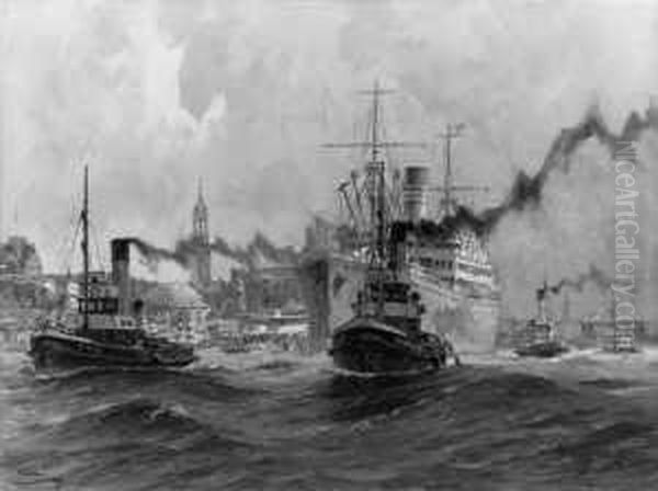 Ein Ozeanriese Im Hamburger Hafen. Oil Painting by Adolf Muhlhan