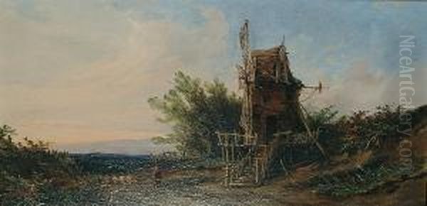 Windmill On A Country Lane With A Shepherd Driving A Flock Of Sheep Oil Painting by Edmund Gustavus Muller