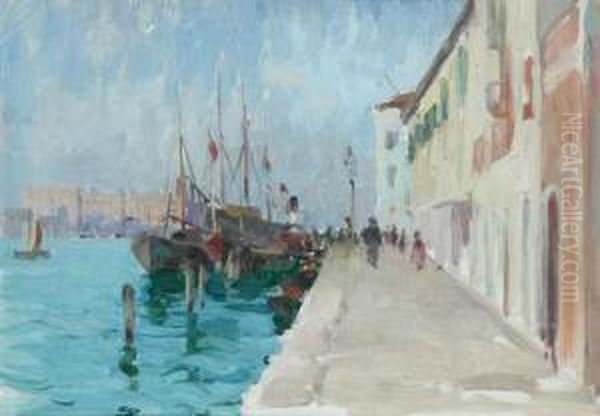 Moored Boats Venice Oil Painting by Josephine Muntz-Adams