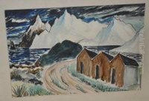 Icelandic Headland With Boat Houses Oil Painting by Charles Murray