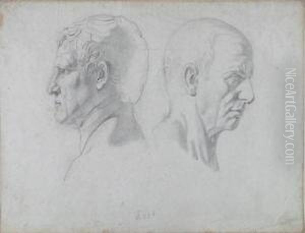 2 Studienblatter Mit Je Zwei Mannlichen Busten. Oil Painting by Gustav Heinrich Naeke