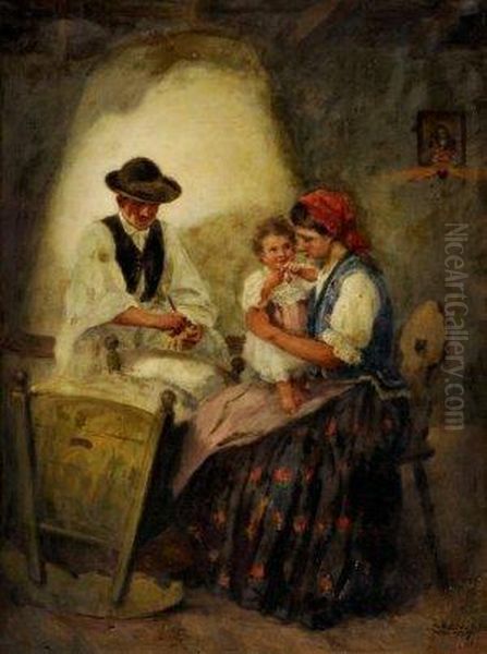 Sedliacka Rodina Oil Painting by Vilmos Nagy