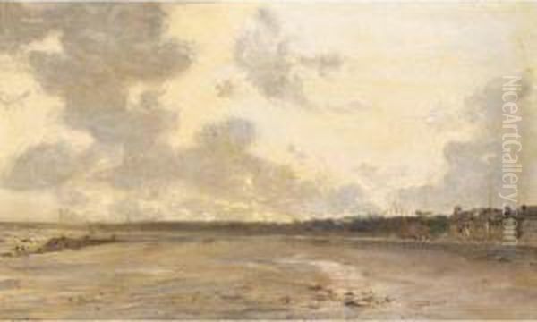 Beach Scene At Dusk Oil Painting by Francois H. Nazon