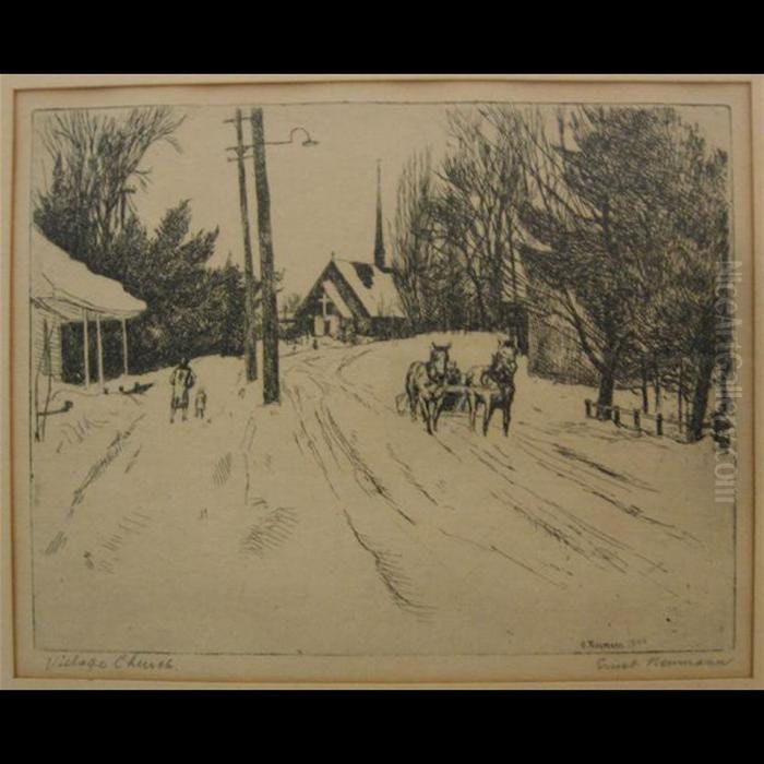 Village Church Oil Painting by Ernst Neumann