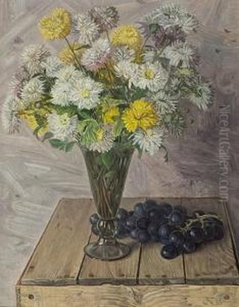Still Life With Chrysanths In Glass Vase And Grapes On A Wooden Box Oil Painting by Jacob Nieweg