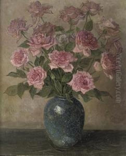 Pink Roses In Blue Vase Oil Painting by Jacob Nieweg