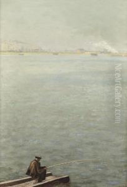 Angler On The River Maas, Rotterdam Oil Painting by Dirk Nijland