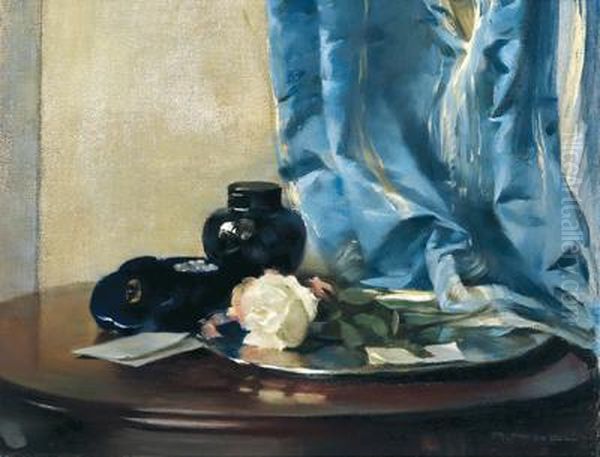 Stilleben Mit Rose Und Blauem Vorhang Oil Painting by Rudolf Nissl