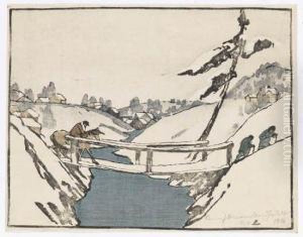 Three Travelers Crossing A Bridge In The Snow Oil Painting by Bror Julius Olsson Nordfeldt