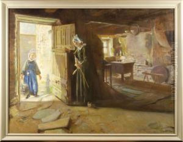 Interiormotiv Med Kvinna Och Barn Oil Painting by Eric Norselius