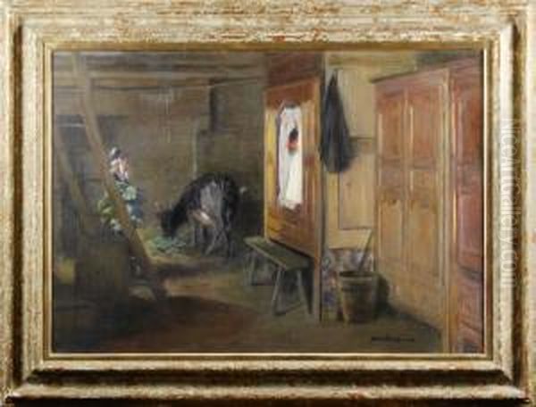 Interiormotiv Med Kvinna Och Ko Oil Painting by Eric Norselius