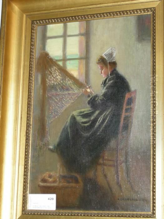 Interor Med Handarbetande Kvinna Oil Painting by Eric Norselius