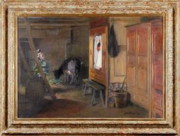 Interiormotivmed Kvinna Och Ko Oil Painting by Eric Norselius