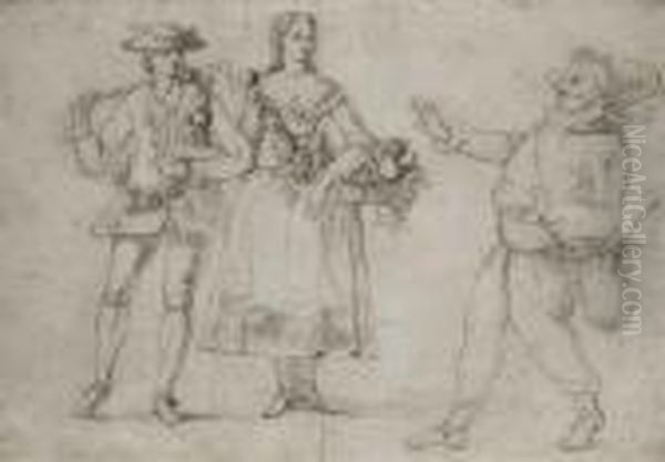 Couple Et Puchinello Oil Painting by Pietro Novelli Il Monrealese