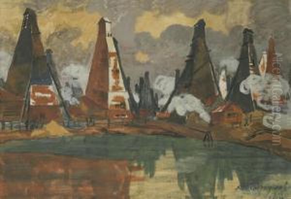 Oil Rigs Near Baku Oil Painting by Anna Petrovna Ostroumova-Lebedeva