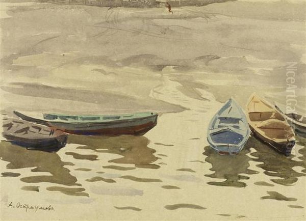 Barges On The Water Oil Painting by Anna Petrovna Ostroumova-Lebedeva