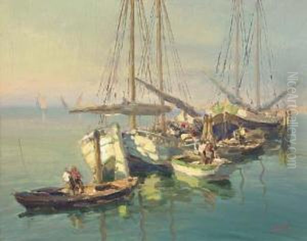 A Calm Day In The Harbour Oil Painting by Luigi Pagani
