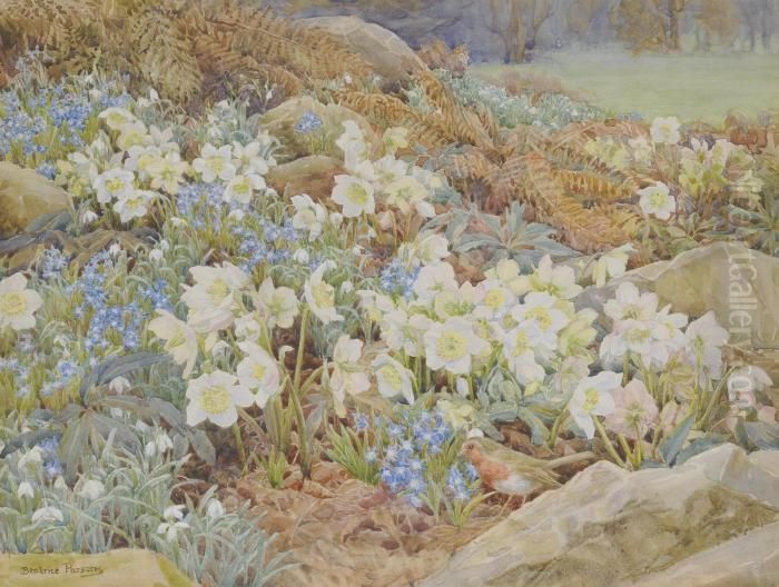 Christmas Roses And Snowdrops Oil Painting by Beatrice Emma Parsons