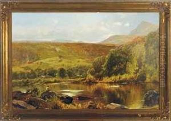 An Angler Fishing In A Landscape Oil Painting by Ernest Parton