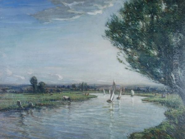 River Landscape With Boats Oil Painting by paul