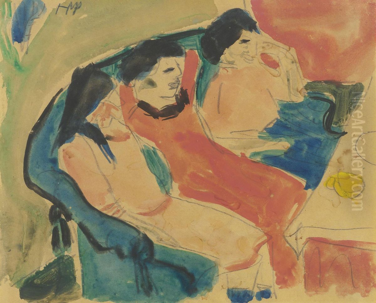 Drei Madchen Auf Dem Sofa (three Girls Seated On A Sofa) Oil Painting by Hermann Max Pechstein