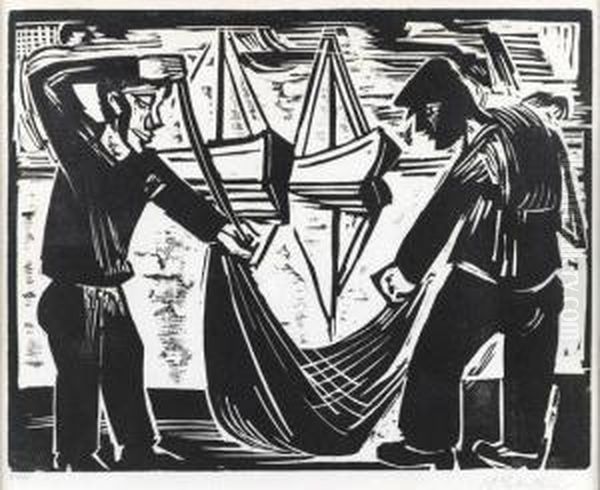 Zwei Fischer Mit Netz Oil Painting by Hermann Max Pechstein