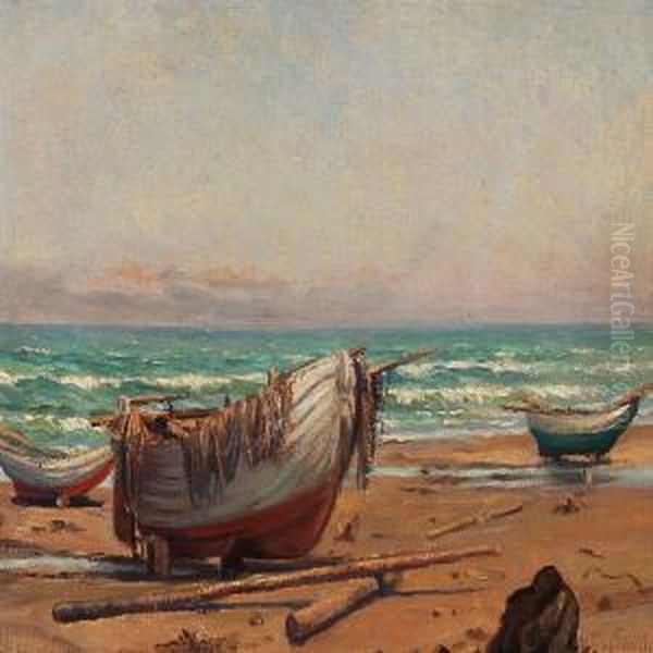 Coastal Scene With Boats On The Beach Oil Painting by Holger Topp Pedersen