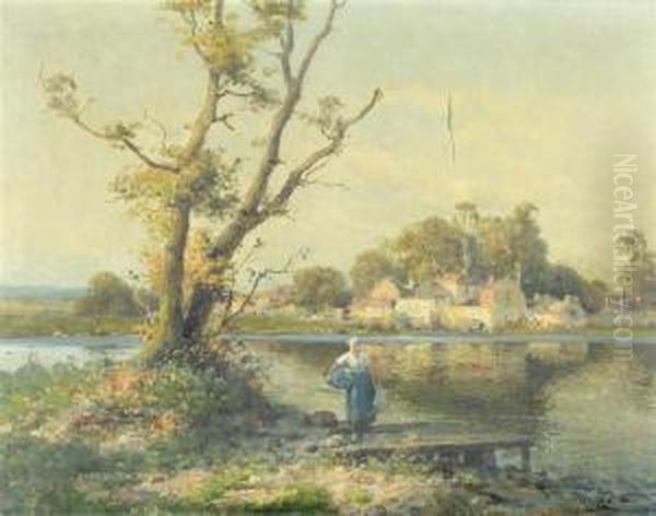 Laundress By A River Oil Painting by P. Pelletier