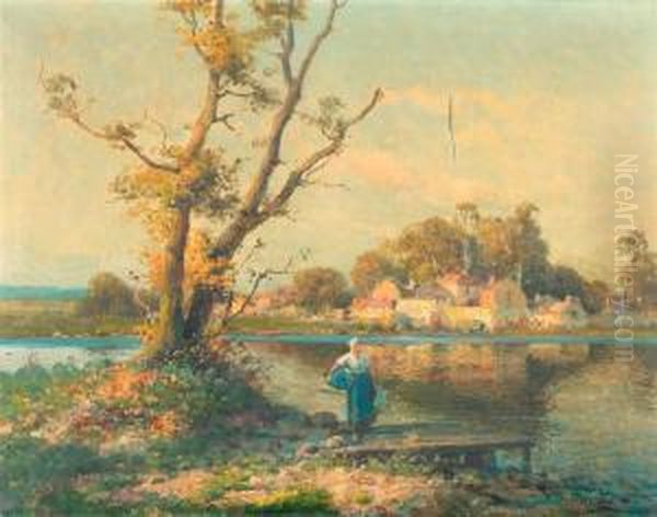 Wascherin Am Fluss. Oil Painting by P. Pelletier