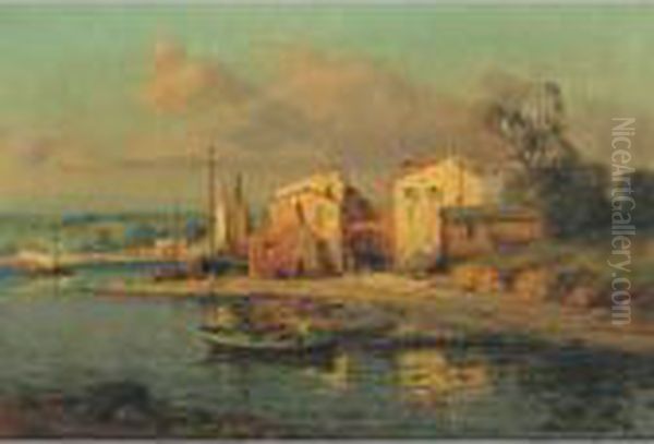 A Sunlit Fishing Port Oil Painting by P. Pelletier
