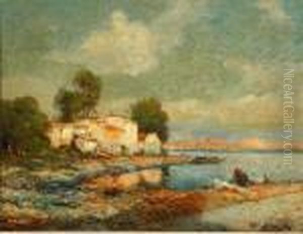Washerwoman At A River's Edge Oil Painting by P. Pelletier