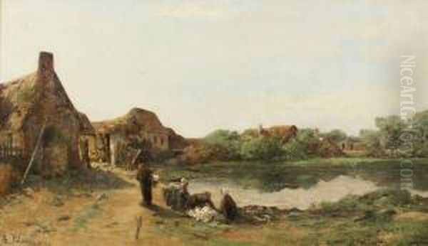 Les
Lavandieres Pres De L'etang Oil Painting by Leon Germain Pelouse