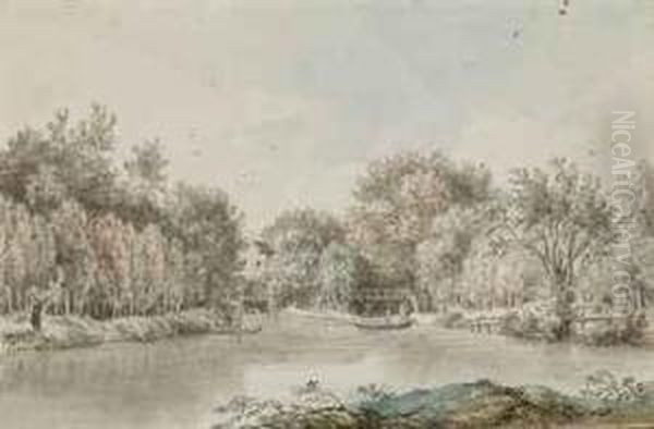Paysage Fluvial, Des Barques A L'arriere-plan Oil Painting by Alexis N. Le Jeune Perignon