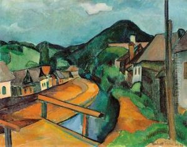 A Furesz Utca A Keresztheggyel Oil Painting by Vilmos Perlrott-Csaba