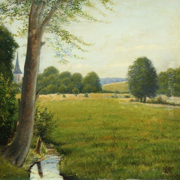 Landscape With Stream And Church Spire Oil Painting by Edvard Frederik Petersen