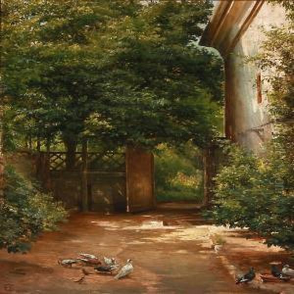 Gaardinterior Ved En Have Oil Painting by Edvard Frederik Petersen