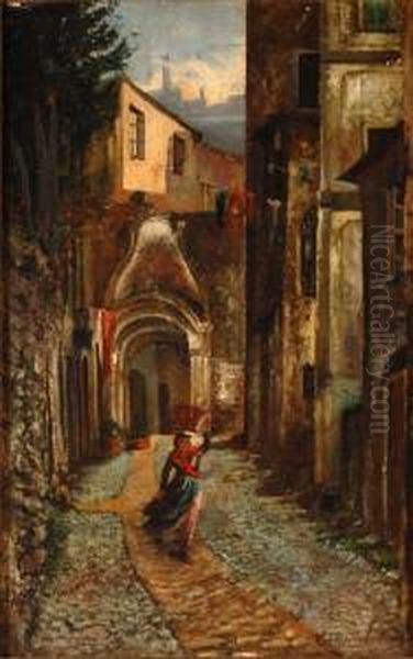 Vicolo Di Paese Con Contadina Oil Painting by Giuseppe Ferdinando Piana