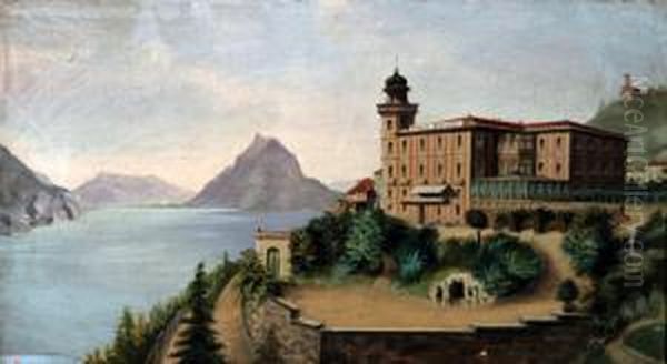Veduta Del Lago Di Lugano Con La Paension Riviera - Villa Favorita Castagnola Oil Painting by Carlo Pianca