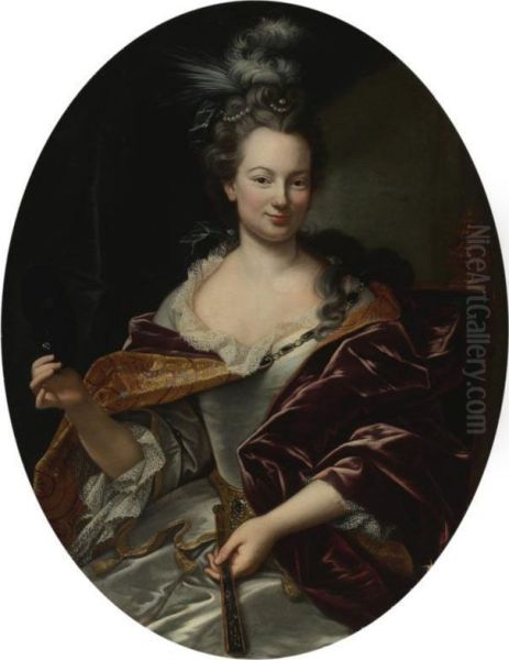 Portrait Of A Lady, Holding A Fan And A Domino Mask Oil Painting by Dalle, Il Mulinaretto Giovanni Maria Piane