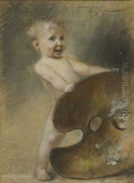 Kleiner Knabe Mit
 Kunstlerpalette. Oil Painting by Bruno Piglhein