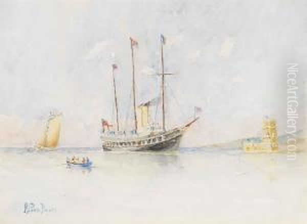 Vista Do Riotejo Com O Iate Real Ingles 'victoria And Albert' E A Torre De Belem Oil Painting by Antonio Pinto Basto