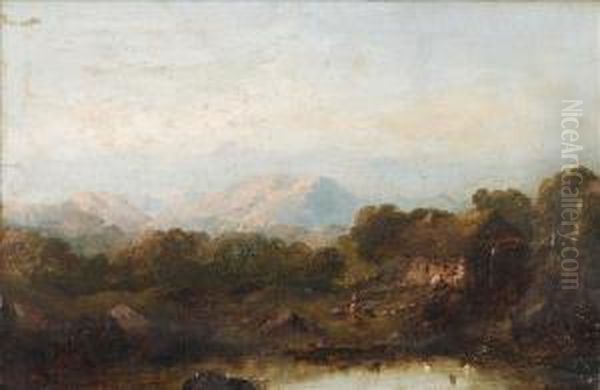 A Girl And A Dog Outside A Cottage Oil Painting by William Pitt
