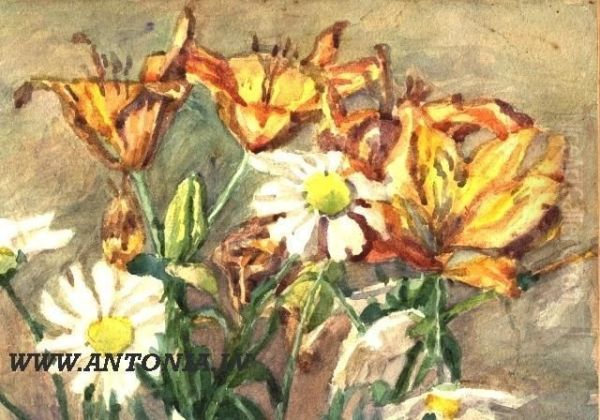 Daisies And Lilies Oil Painting by Alfreds Plite Pleita