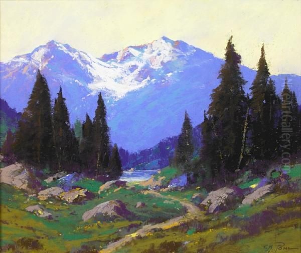 Blue Mountains Above A Lake Oil Painting by Edward Henry Pohl