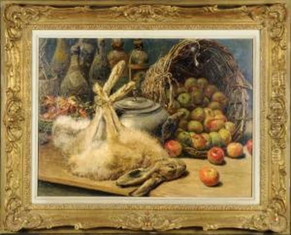 Lievre Et Panier De Pommes Oil Painting by Oswald Poreau