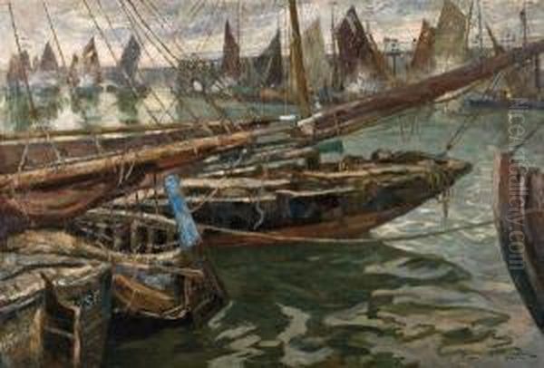 Dans Le Bassin Des Pecheurs A Zeebruges Oil Painting by Oswald Poreau